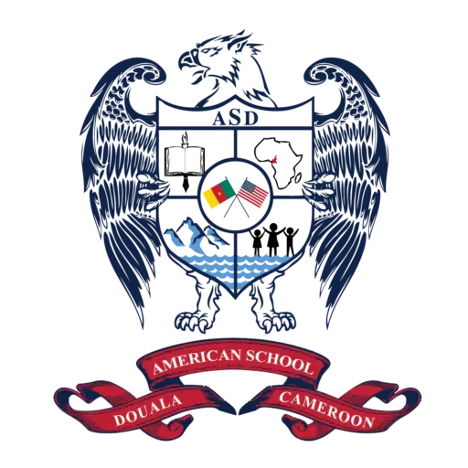Official logo of the American School of Douala (ASD), featuring a heraldic eagle, shield, Cameroon and U.S. flags, mountains, and the words "American School – Douala – Cameroon.